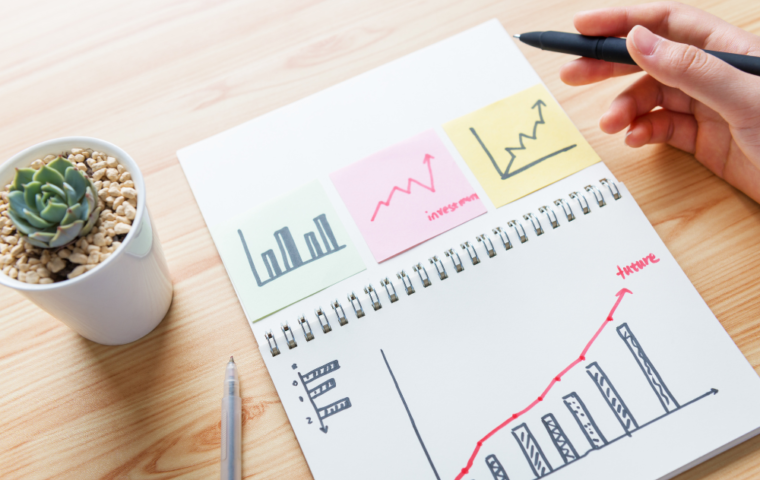 Notepad with an image of graphs indicating growth